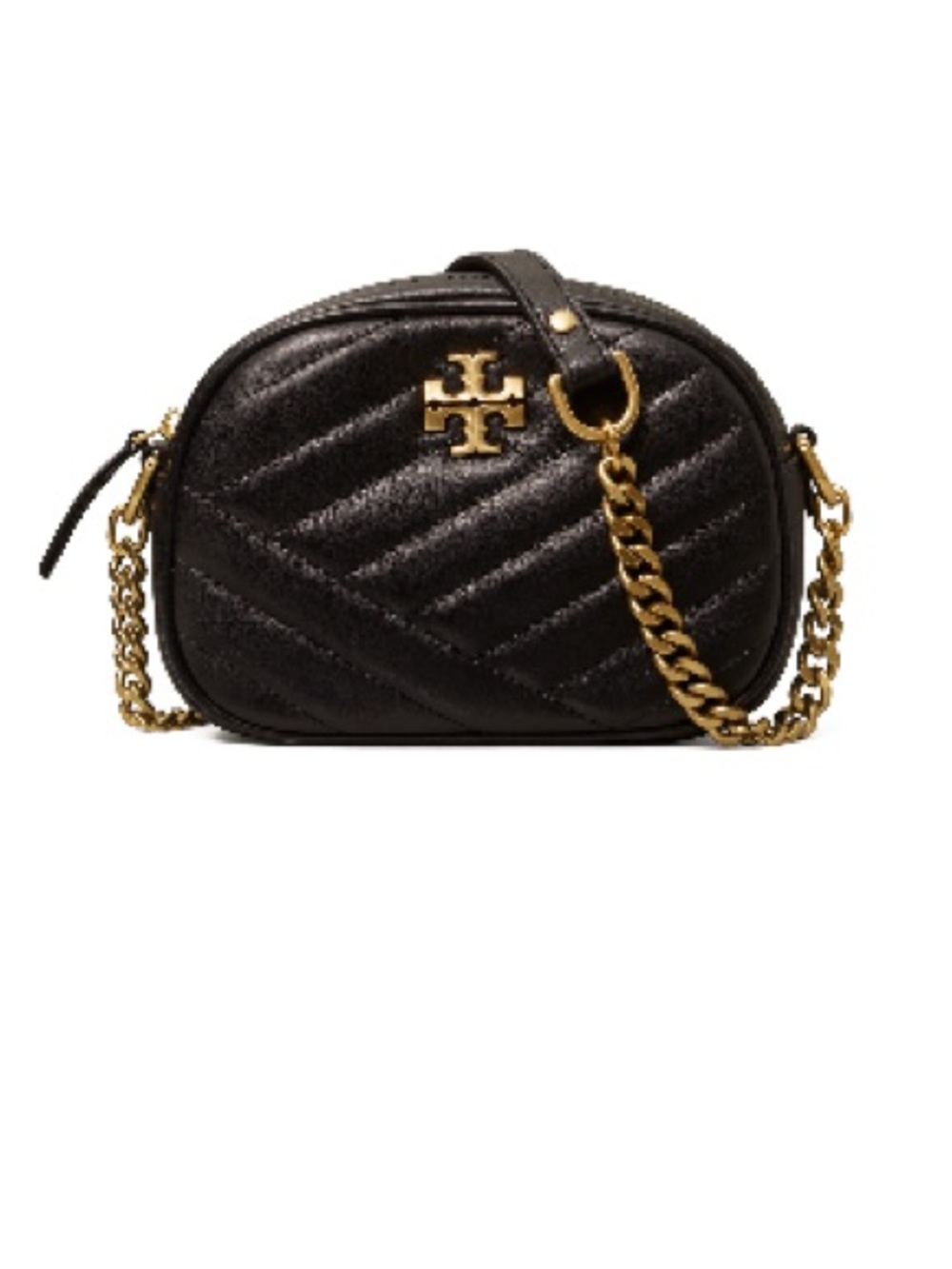 Tory Burch Black Quilted Chevron Crossbody Camera Bag with Gold Chain
